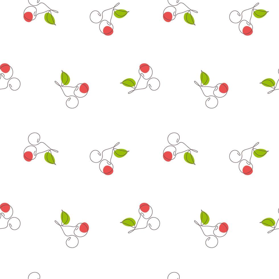 Cherry seamless pattern with elegant cherries berries in one continuous line drawing style. Summer seamless pattern. Perfect for dress, clothing, textile, packaging etc. Fashion print vector