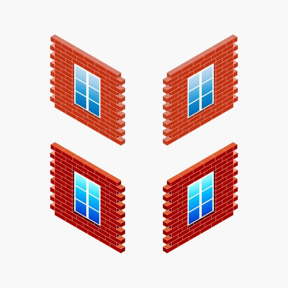 Isometric illustration of three separate brick wall sections with windows vector