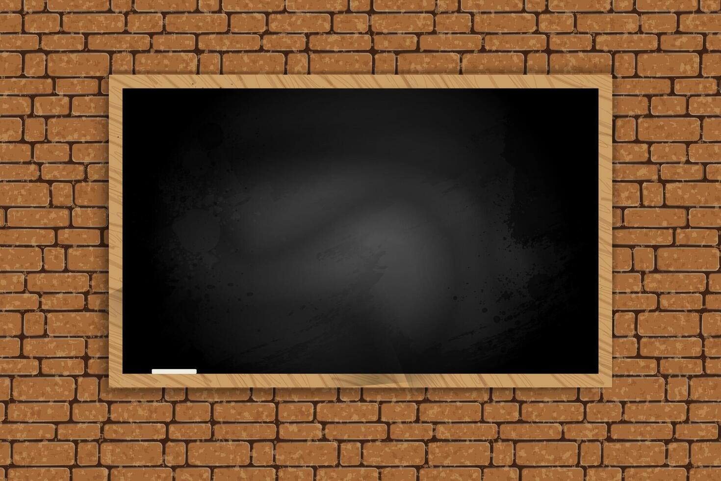 A dark chalkboard with a wooden frame is mounted on a brown brick wall. vector