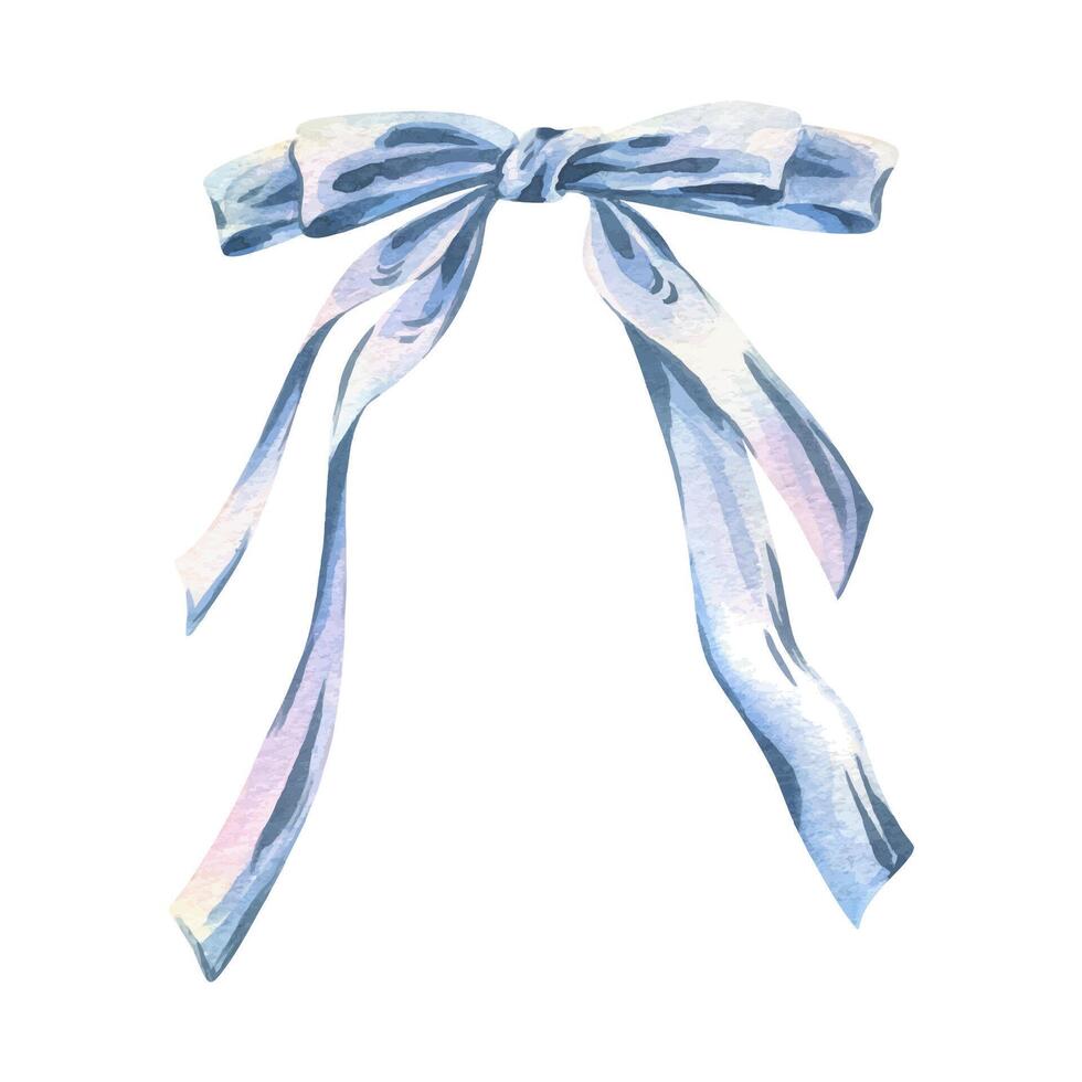 The bow is big, cute, multi-layered, thin and graceful in blue and lilac shades. Watercolor illustration, hand-drawn on the theme of Bows of coquettes. A separate element isolated from the background vector