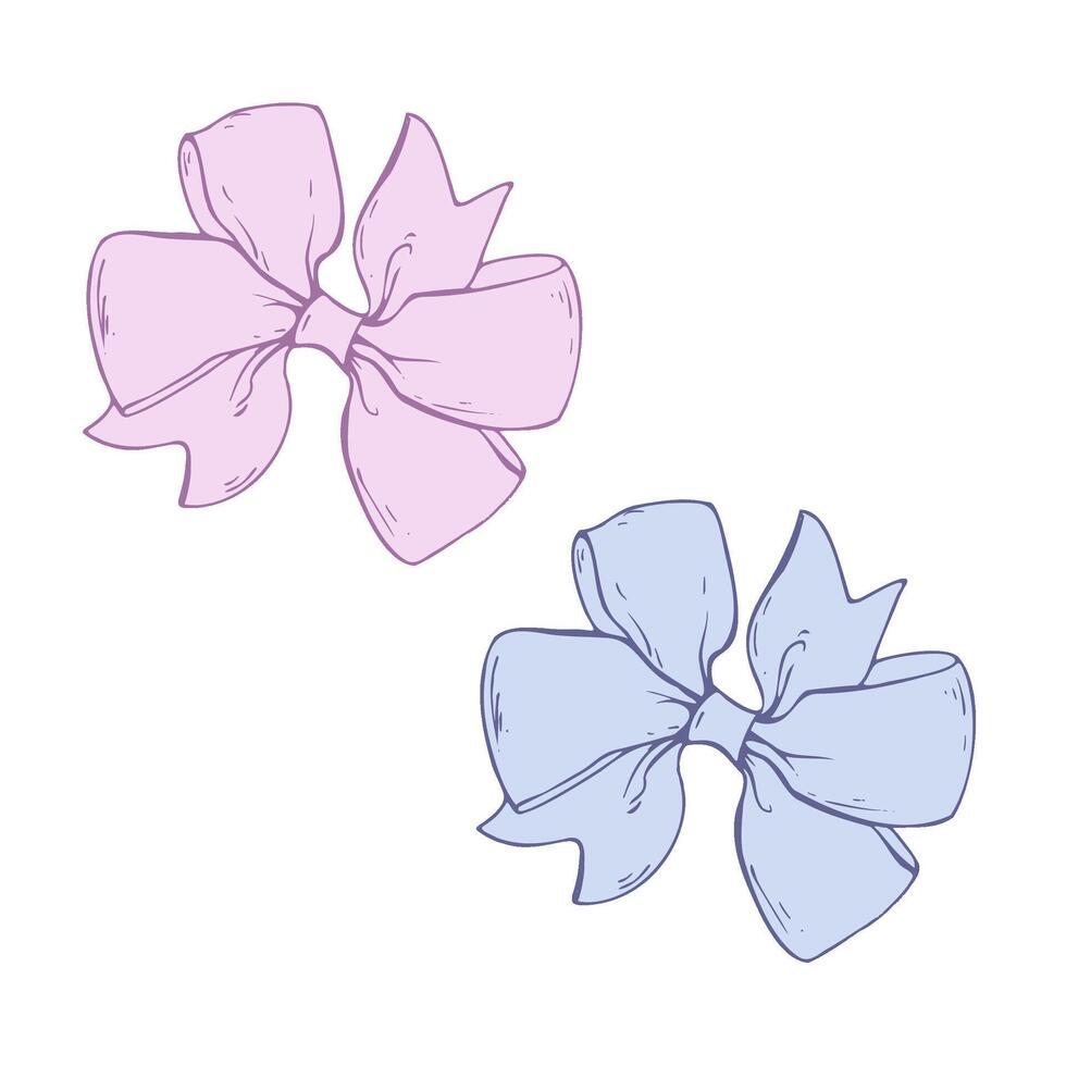 Satin, multilayered fabric bow, with wide ribbons. Graphic sketch illustration hand drawn line art, outline in blue and pink. Single isolated element EPS, for hair decoration, clothes, gifts vector
