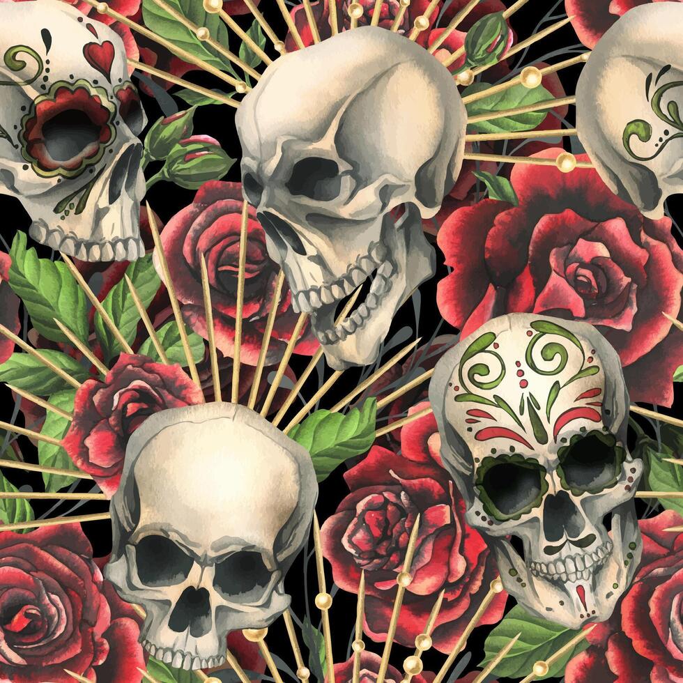 Human skulls with an ornament, red roses in a golden crown, branches. Hand drawn watercolor illustration for Halloween, day of the dead, Dia de los muertos. Seamless pattern on black background vector