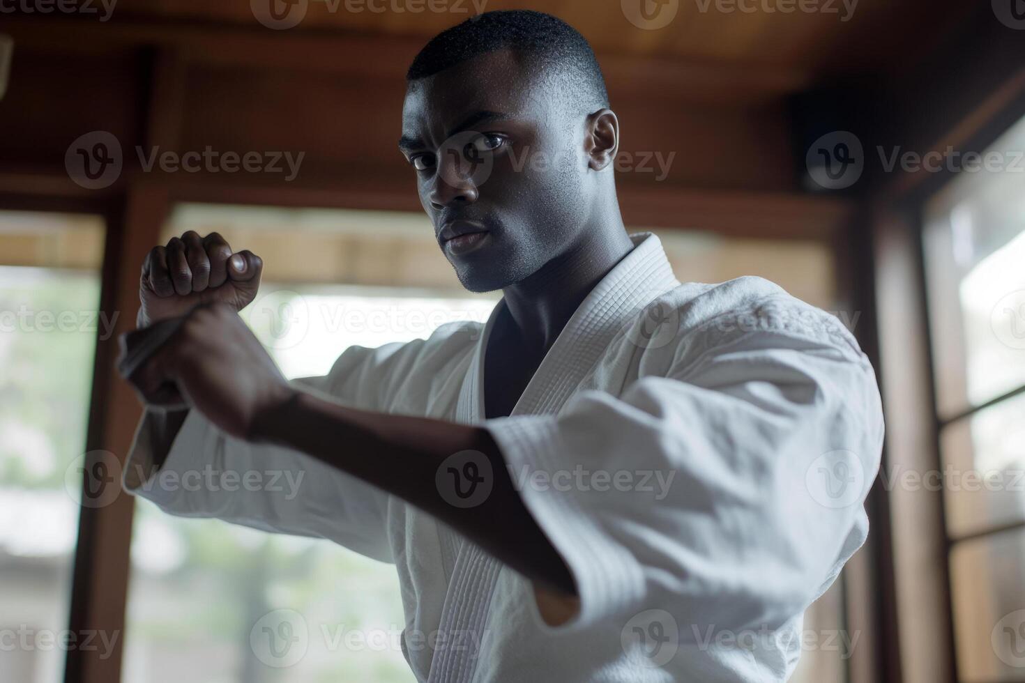A man in karate gear is practicing his moves photo