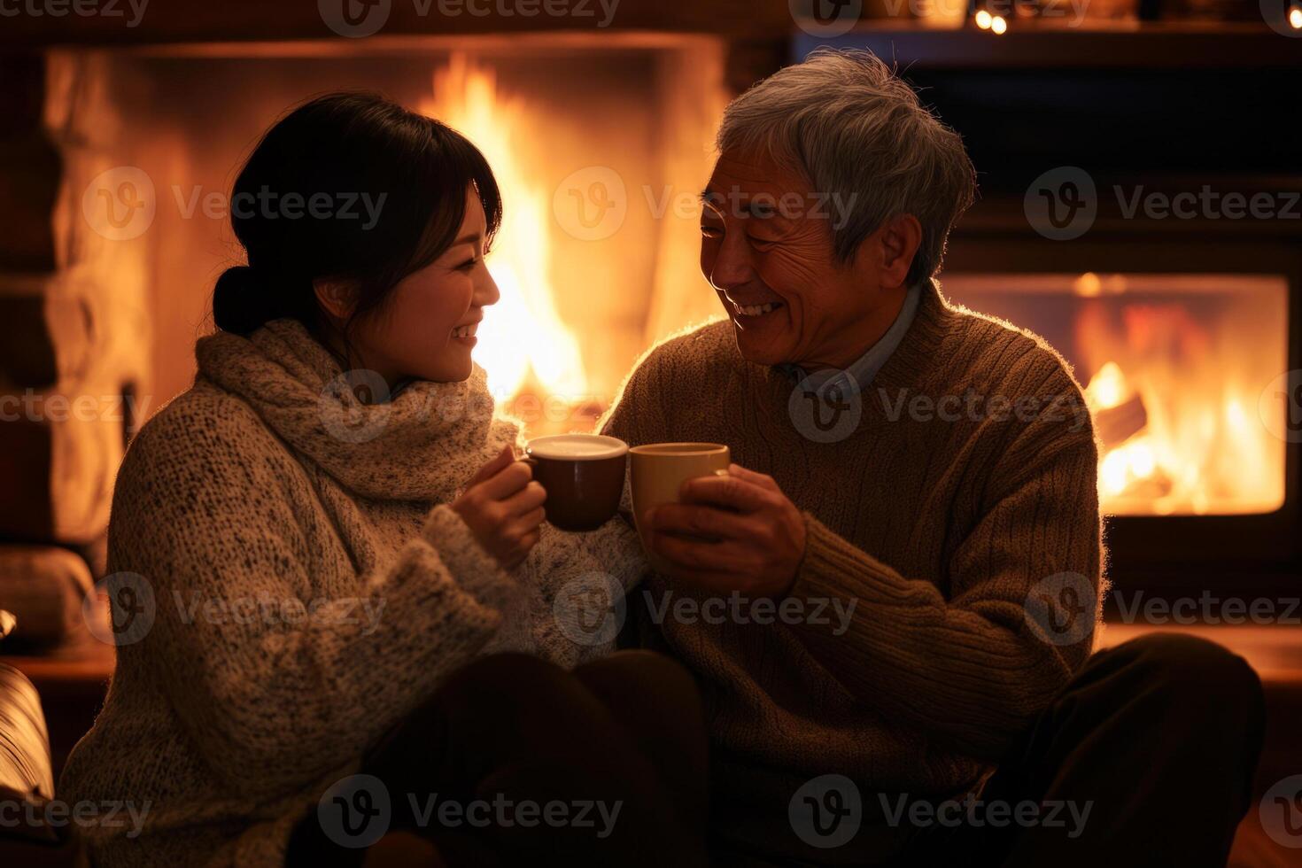 An older couple sitting in front of a fireplace photo