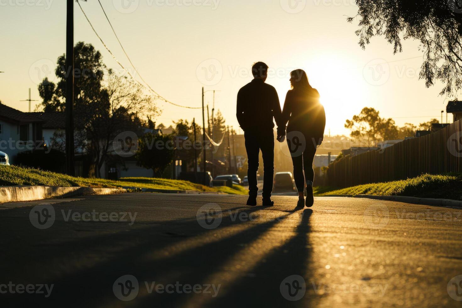 A couple walking down a street at sunset photo