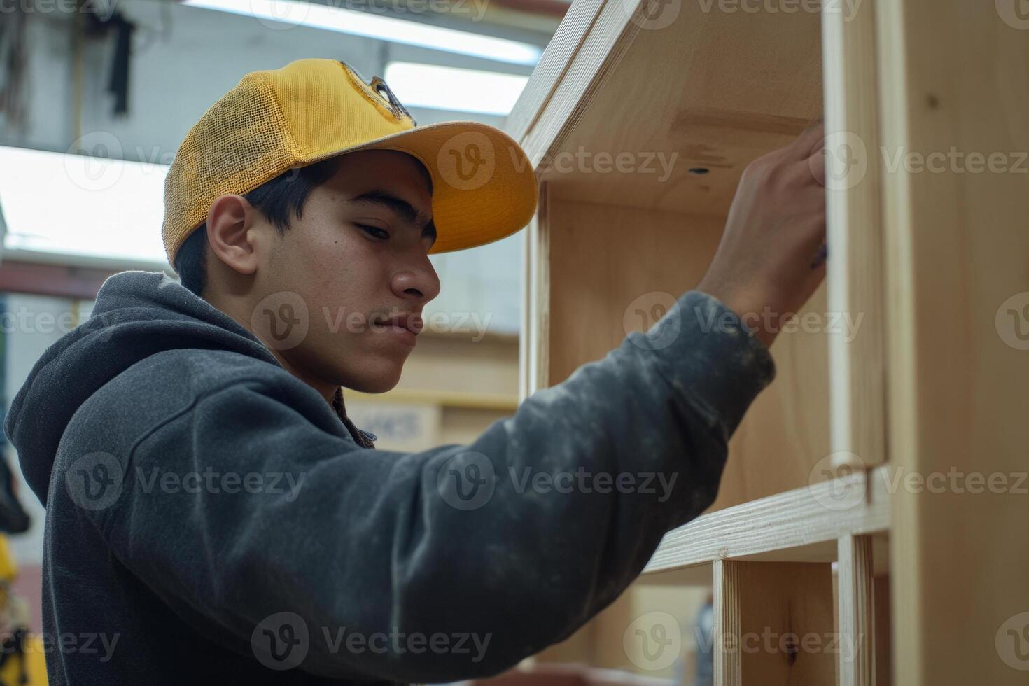 A young man in a yellow hat working on a wooden cabinet photo