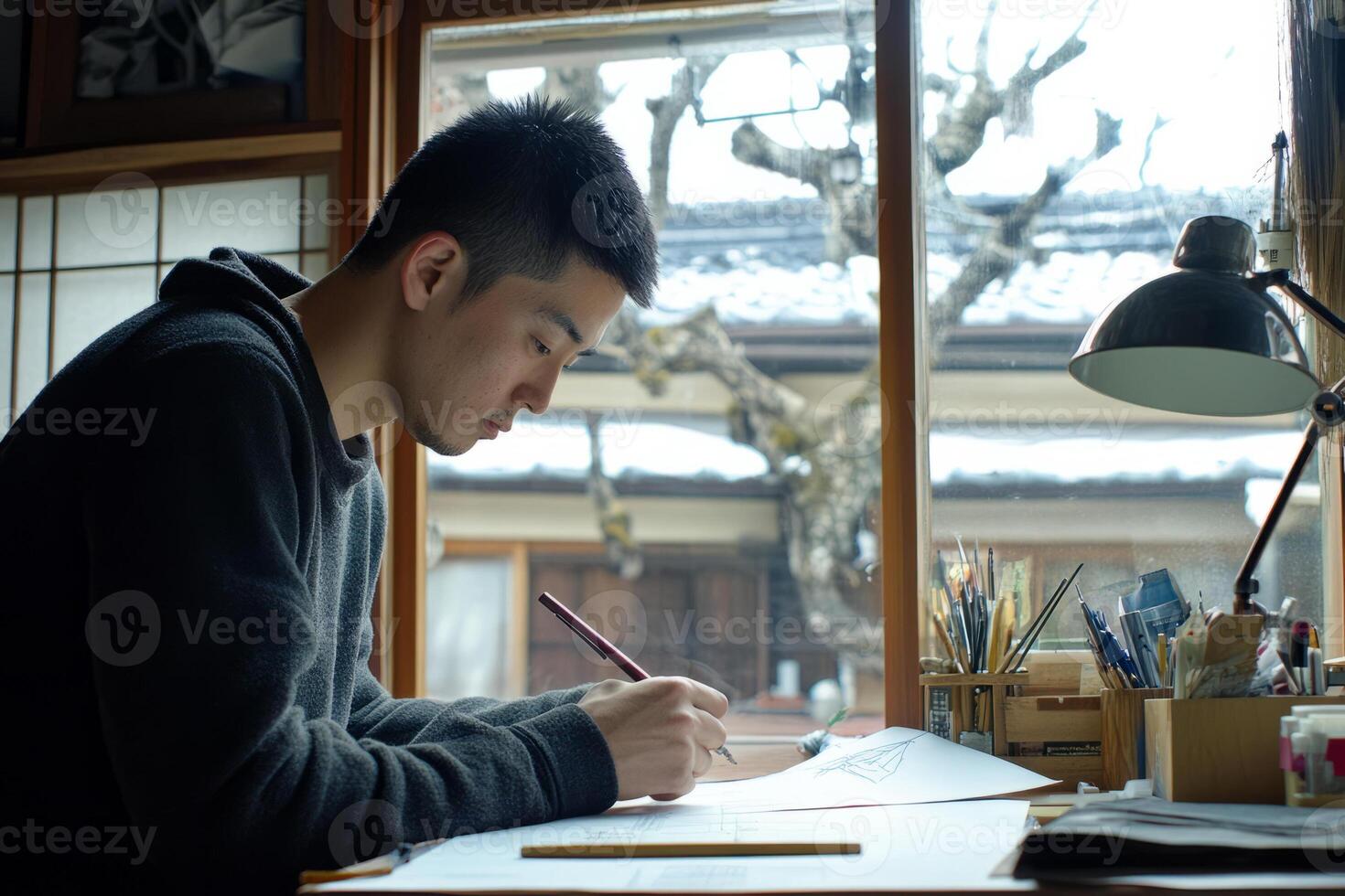A man is writing in a notebook while sitting at a desk photo