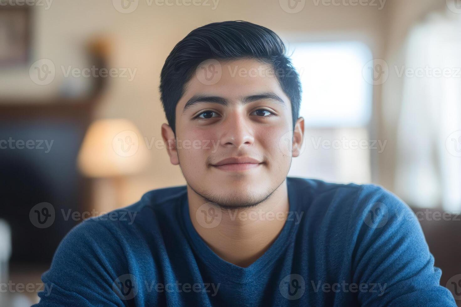 A young man is smiling while sitting at a table photo