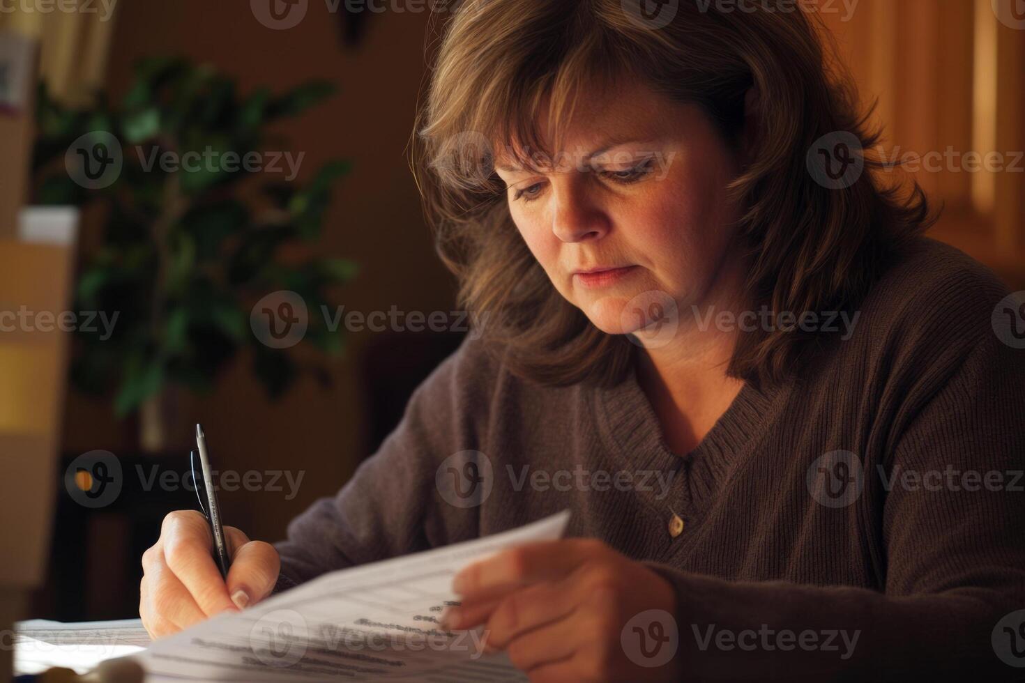 A woman is writing on a piece of paper photo