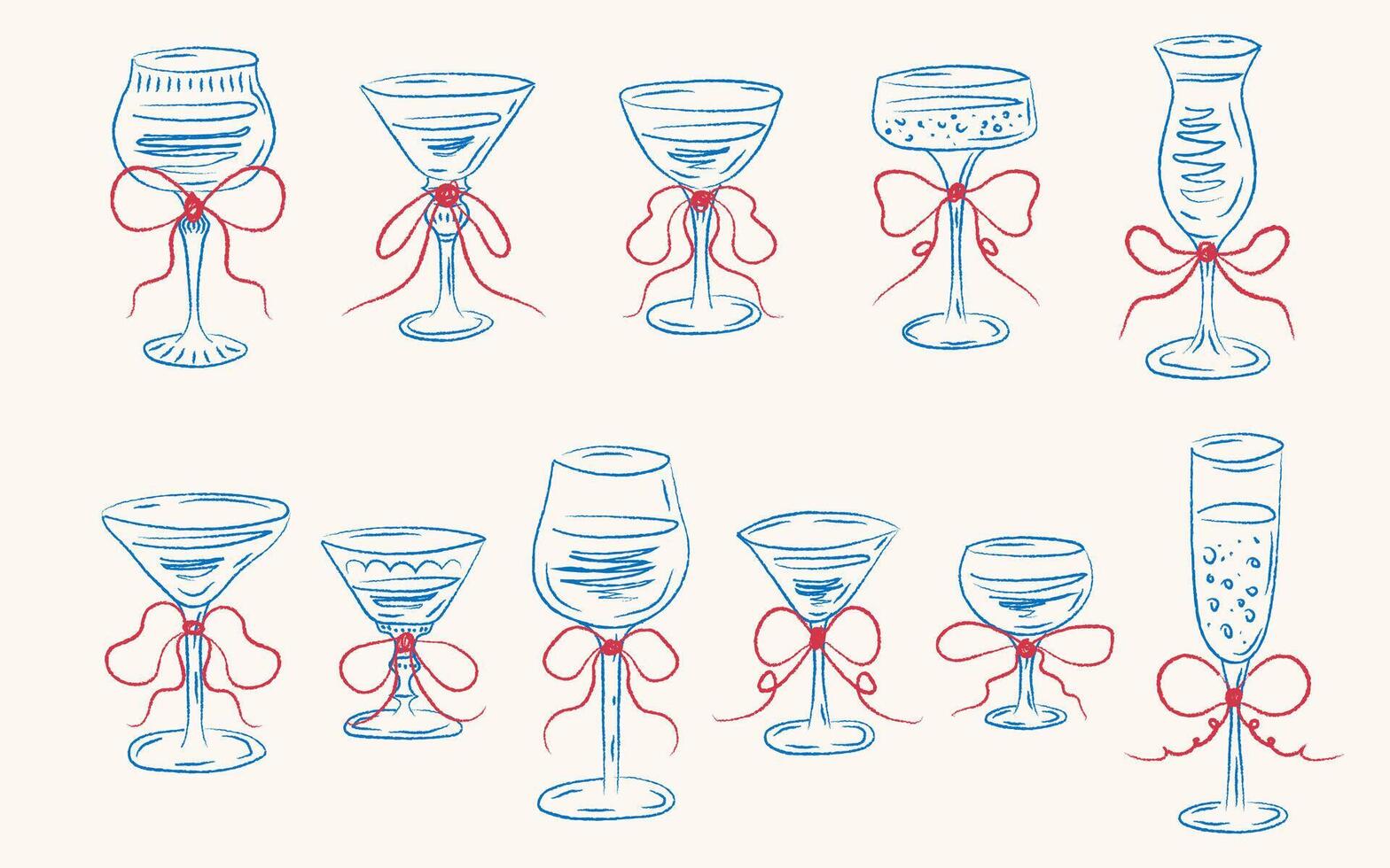 Set of different glasses in blue linear style. Hand drawn glasses with bows. Ideal for menu design, weddings, cards. Trendy ink style design vector