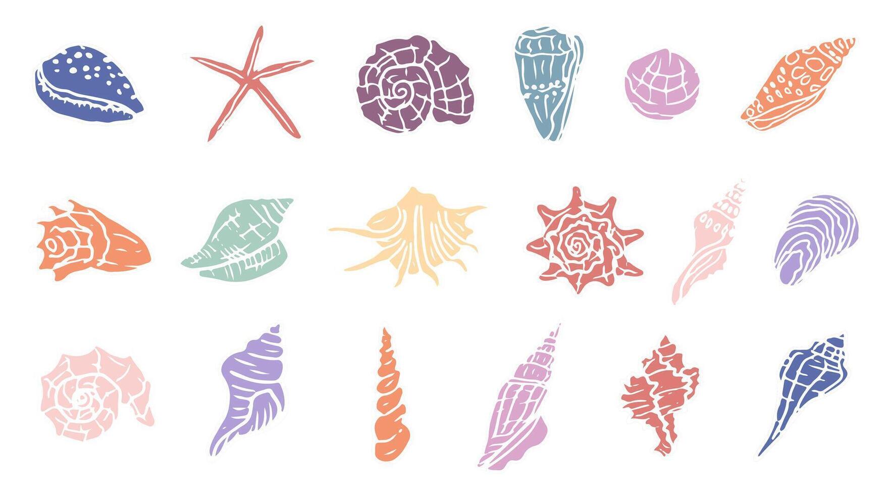 Set of hand drawn shells. Different colorfull tropical beach seashells . Design elements for posters, menu, summer season. Trendy design in flat style vector