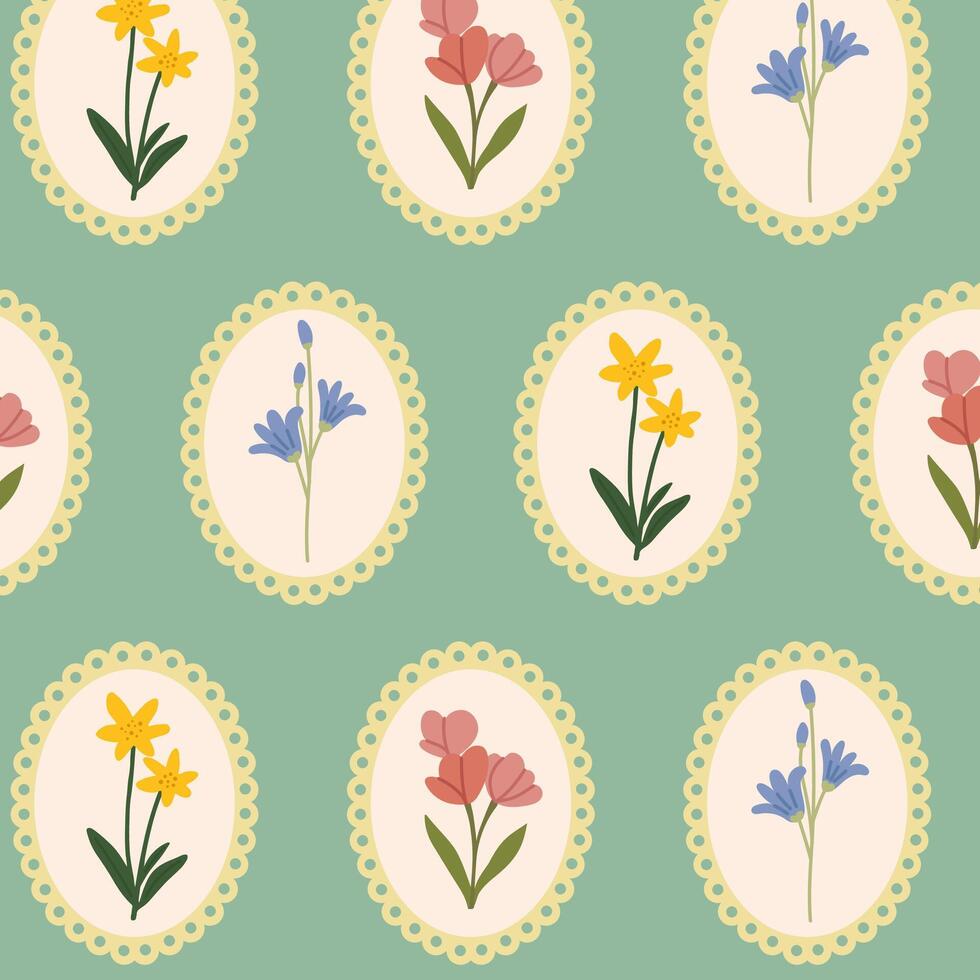Seamless floral pattern with spring flowers in a round frame on green background. Coquette pattern with hand-drawn summer flowers. Perfect for fabric design, wallpapers, stationery, wrapping paper. vector
