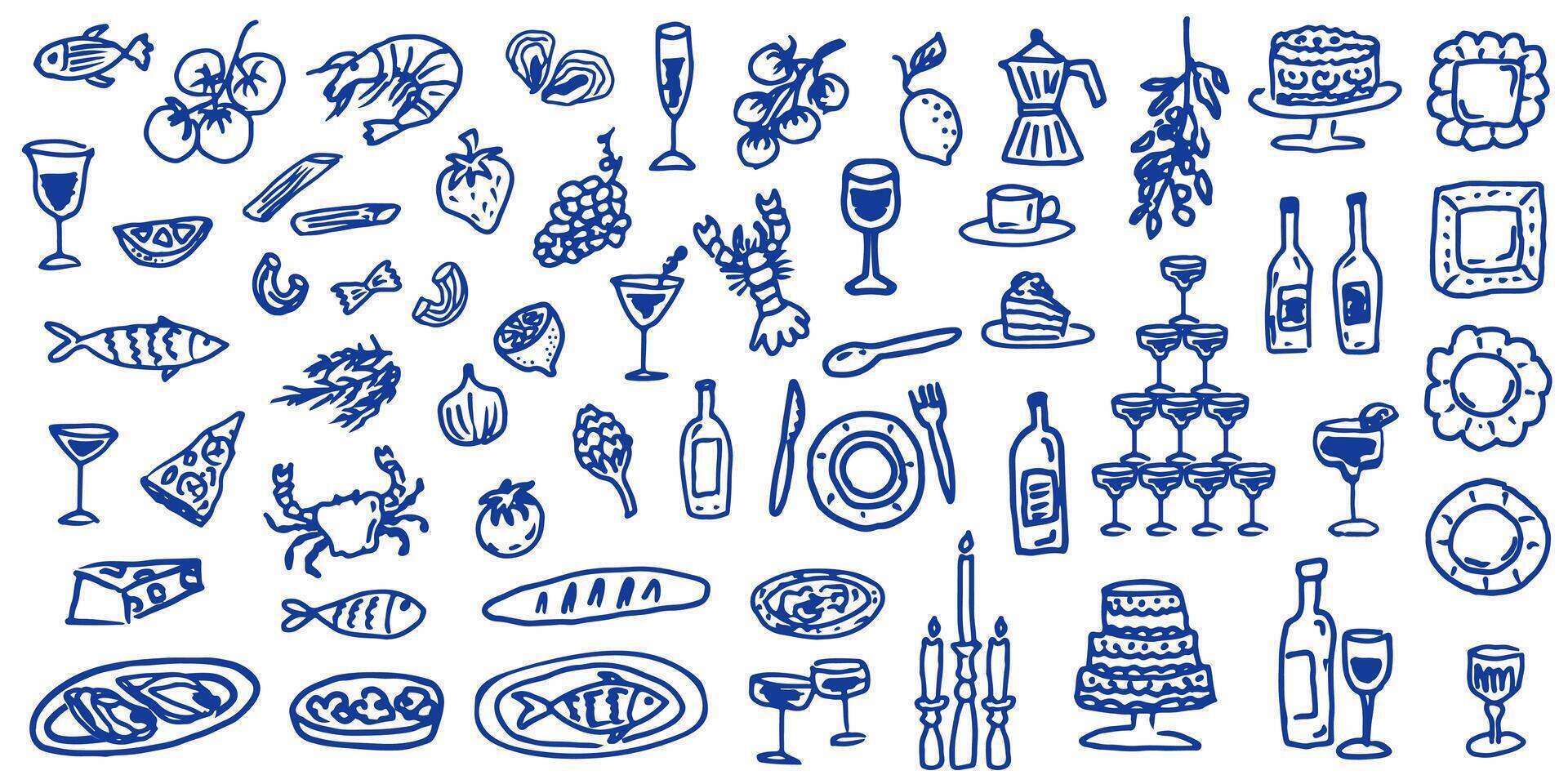 Set of hand drawn summer line art style blue doodles. Seafood and Italian cuisine elements. Beach and vacation elements. Trendy ink style design vector