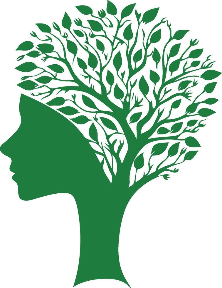Nature Mind Concept Woman logo Profile Merging with a Tree for Ecology, Wellness, or Natural Beauty Branding vector