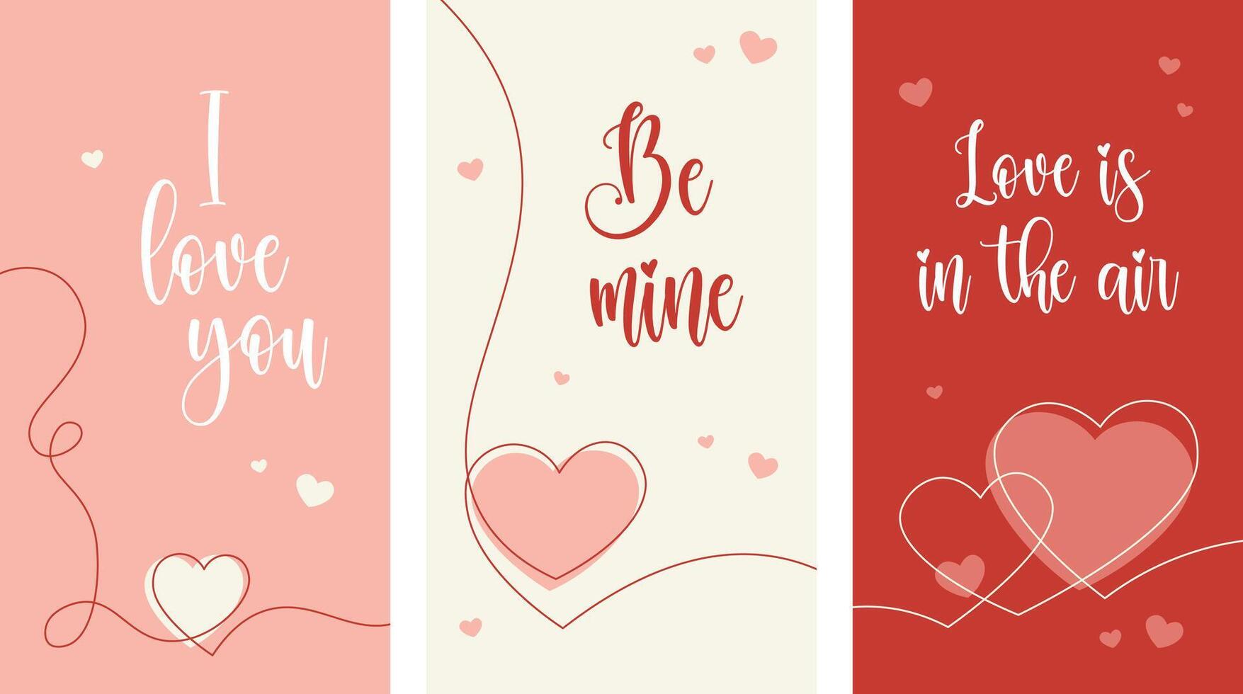 Valentine's day backgrounds with lettering and hearts in continues one line drawing style. Vertical social media banner, love concept for stories, reels, flyer advertisement sale design vector