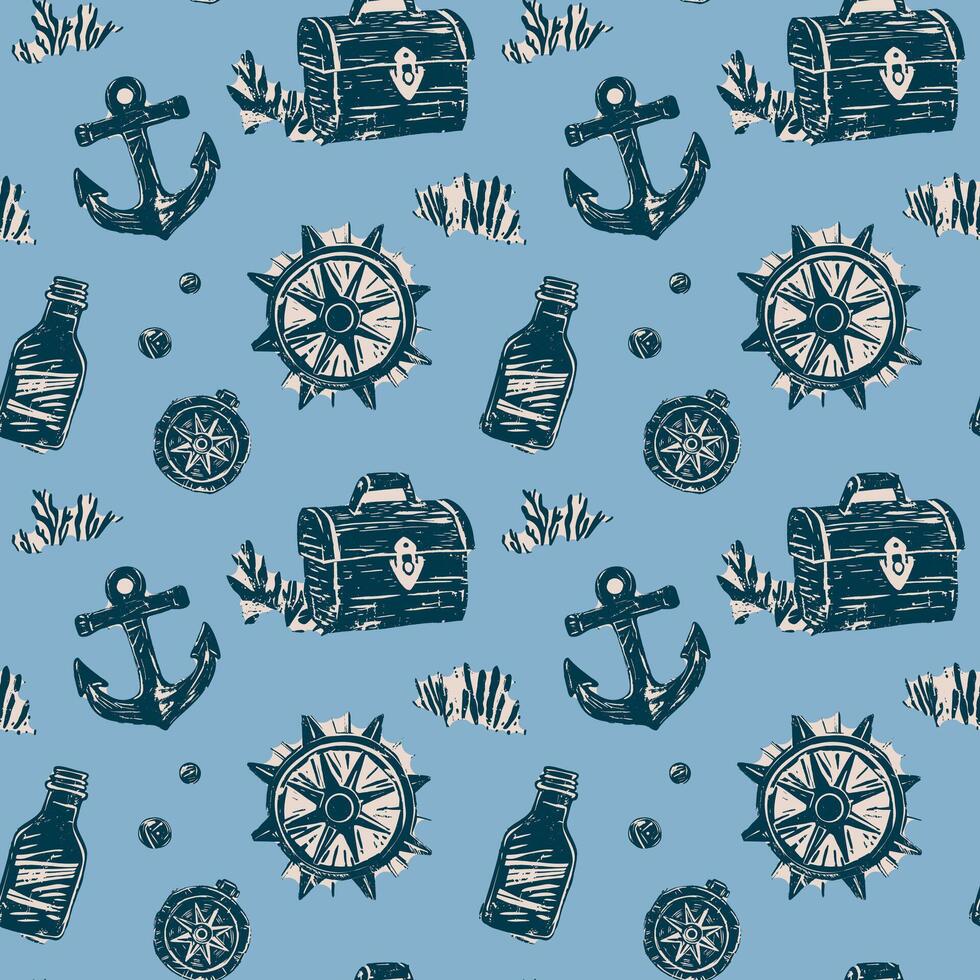 Vintage Nautical Treasure Map Elements on Blue Pattern. Hand-drawn anchors, treasure chests, compasses, bottles, ship wheels in blue on light blue background vintage nautical pirate-inspired design. vector