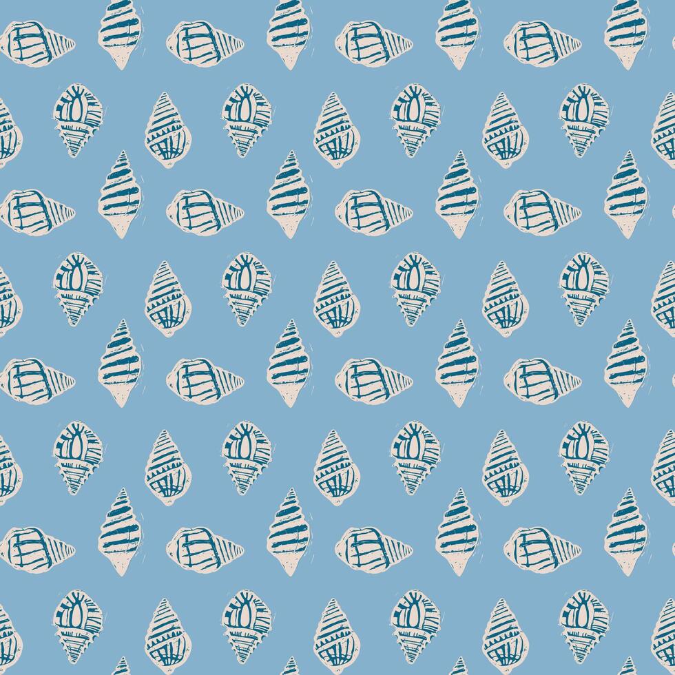 Vintage Blue and White Seashells on Light Blue Pattern. Hand-drawn blue and white seashells on a light blue background create a vintage coastal and nautical-inspired pattern, ocean-themed designs. vector