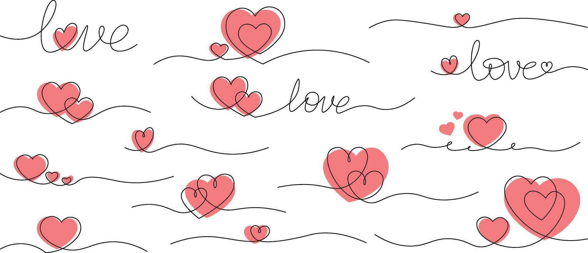 One line drawing heart collection. Hearts continuous one line draw illustration set. Red love symbols on transparent background. Banner for valentine's day. Abstract hearts. Editable vector