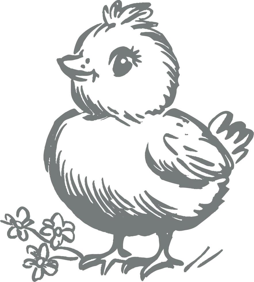 Cute fluffy baby chick standing near flowers vintage monochrome hand drawn engraving style illustration spring Easter farm animal sketch isolated on white retro rustic design vector