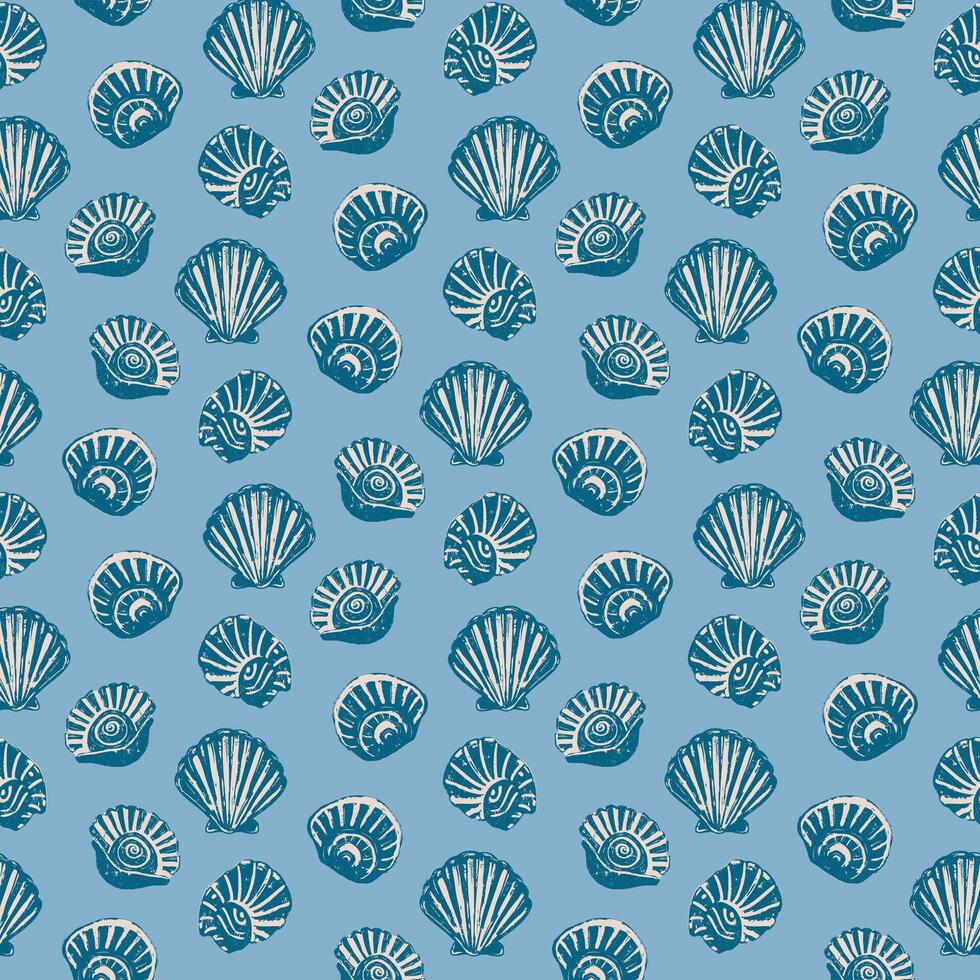 Vintage Blue and White Seashells on Light Blue Pattern. Hand-drawn seashells in blue and white on a light blue background, vintage coastal-inspired pattern, perfect for ocean and nautical themes. vector