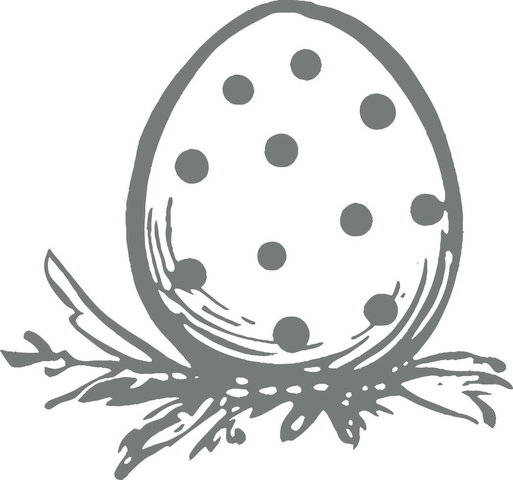 Vintage monochrome illustration of polka dot Easter egg resting on nest with leaves festive spring holiday decoration hand drawn sketch retro engraving style isolated on white background vector