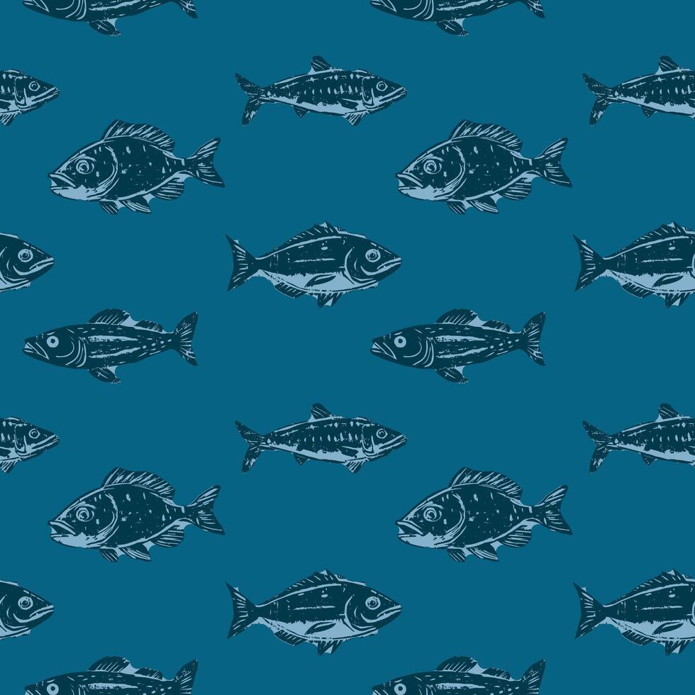 Vintage Blue Fish on Deep Teal Ocean Pattern. Hand-drawn fish illustrations in shades of blue on a deep teal background create a vintage marine-inspired design, perfect for nautical and coastal themes vector