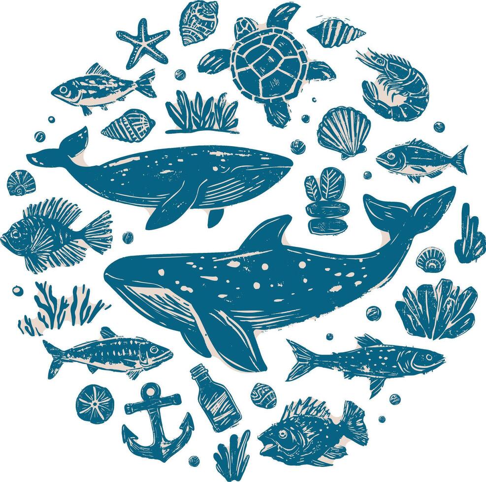 Linocut hand-drawn circular underwater scene in blue and beige ink style, featuring whales, fish, sea turtle, coral, anchor, bottle, seashells, and marine plants, isolated on transparent background vector