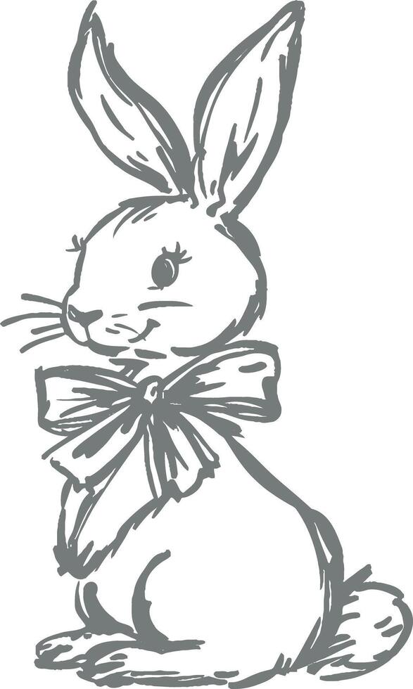 Adorable Easter bunny with large ears and ribbon bow hand-drawn vintage monochrome sketch in engraving style for holiday seasonal greeting cards springtime decorations and classic illustration vector