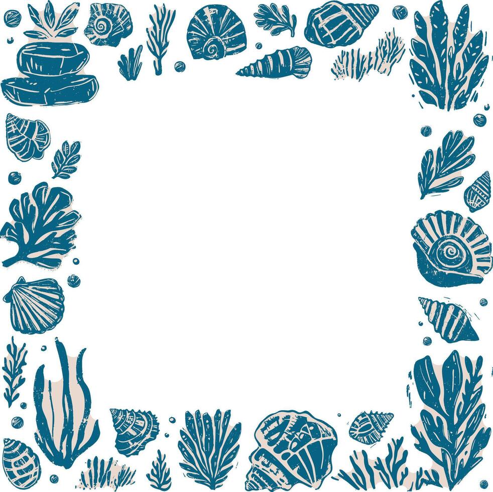 Linocut hand-drawn seashell and seaweed decorative border in blue and beige ink style, featuring various shell species, coral, marine plants, with copy space for text or graphics, transparent backdrop vector