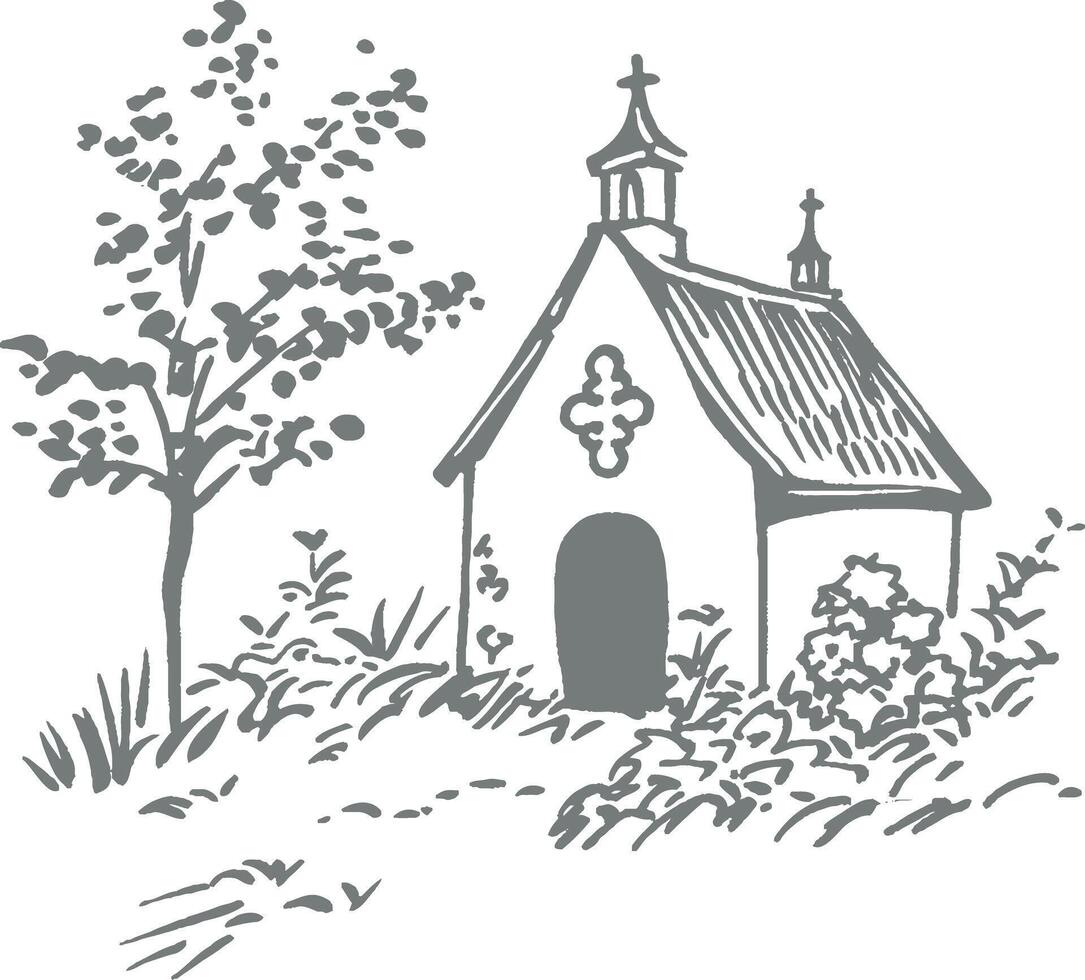 Vintage monochrome hand drawn illustration of small countryside church with bell tower surrounded by trees rustic engraving style pastoral village sketch religious landscape vector