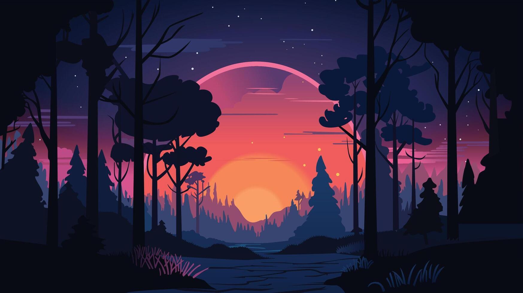 Cartoon night forest. Wood with flying fireflies. Dark tree trunks and foliage. Nighttime landscape. Woodland panorama. Wild nature scenery. fairy tale illustration vector
