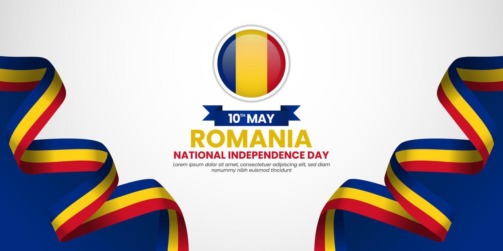 Romania national independence day greeting card, banner background template with waving flag vector