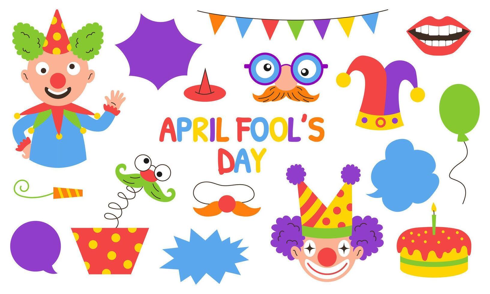 Set of funny April Fools Day elements with clown, jester hat, jack in the box, fake nose, joke glasses, prank mustache, surprise cake, balloon, party decorations, and humorous accessories. vector