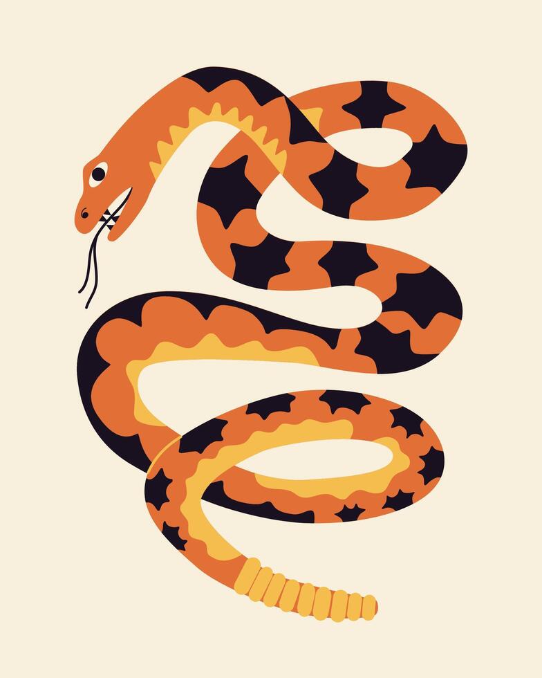 Quirky colorful rattlesnake. Snake in unique style for Chinese New Year. Hand drawn illustration isolated on background. Design for print, card, cover. vector