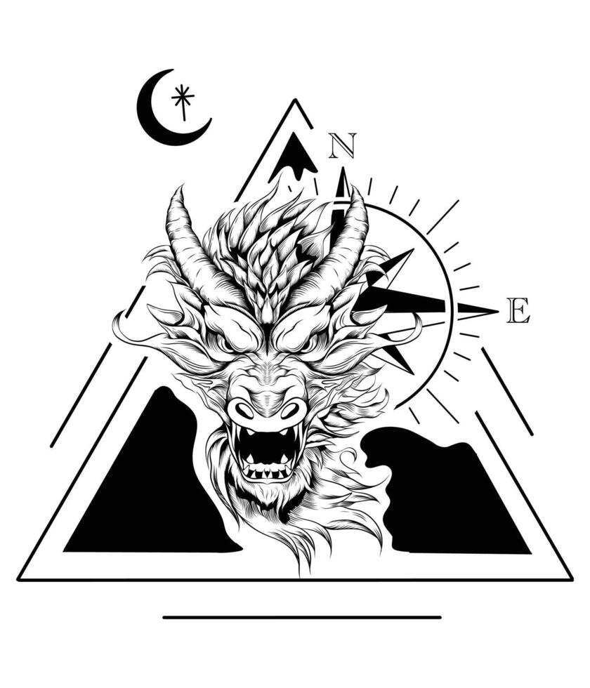 Dragon and compass for tattoo design vector