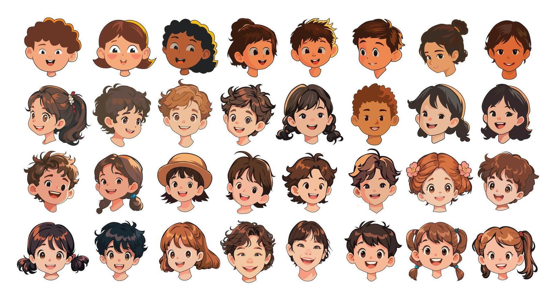 Collection of diverse and happy children's faces, the concept of diversity in harmony, illustration isolated on a white background. vector
