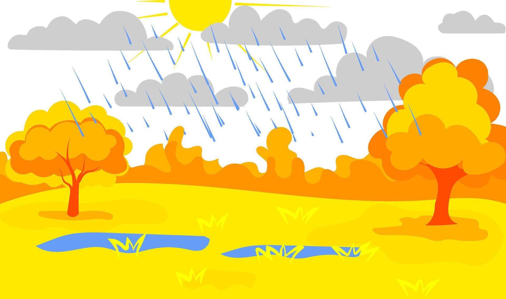 Colorful illustration depicts a bright sunny day with rain falling over a lively landscape. Yellow trees and a small pond reflect the sunny weather amidst the rain vector