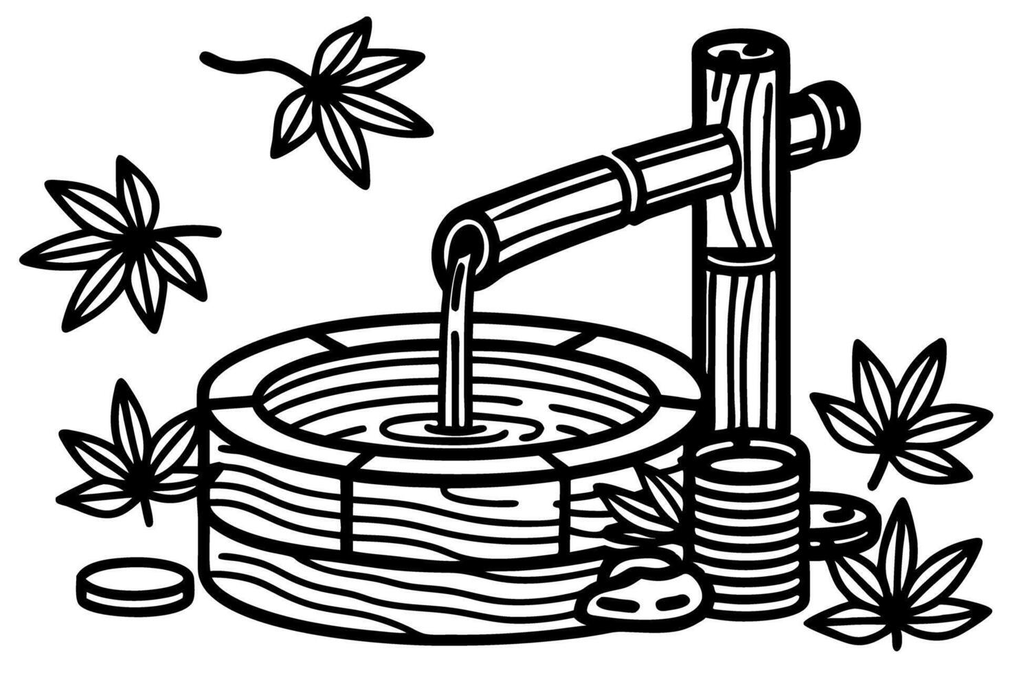 traditional bamboo water fountain with flowing stream and maple leaves illustration vector
