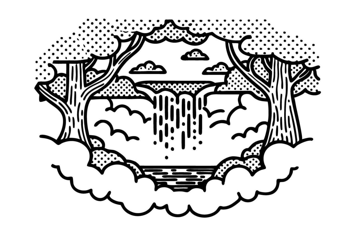 Stylized nature scene with trees and waterfall, black and white illustrative art vector