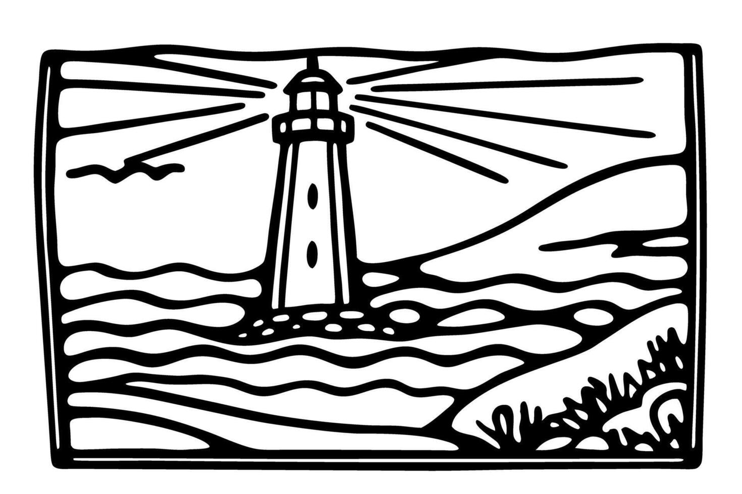 black and white lighthouse illustration with waves and seagulls in a nautical coastal scene vector