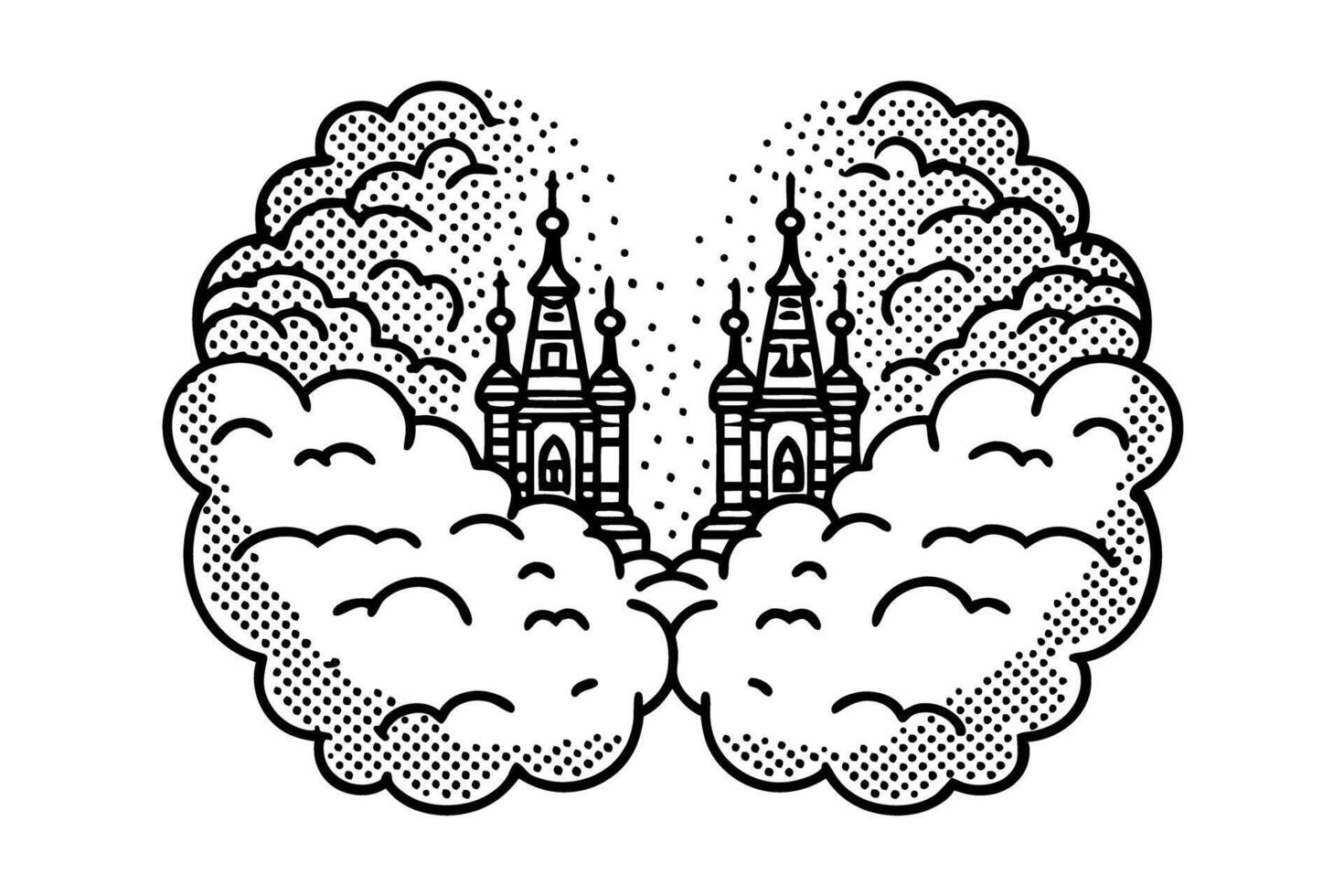 Ornate church towers in clouds black and white line art illustration of ethereal architecture vector