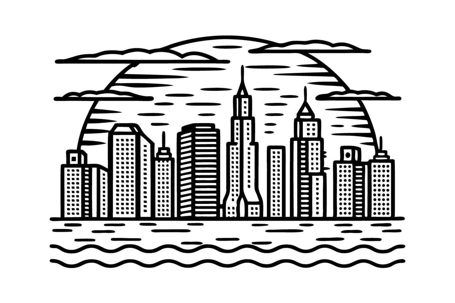 Monochrome city skyline illustration with sun and clouds urban landscape with skyscrapers vector