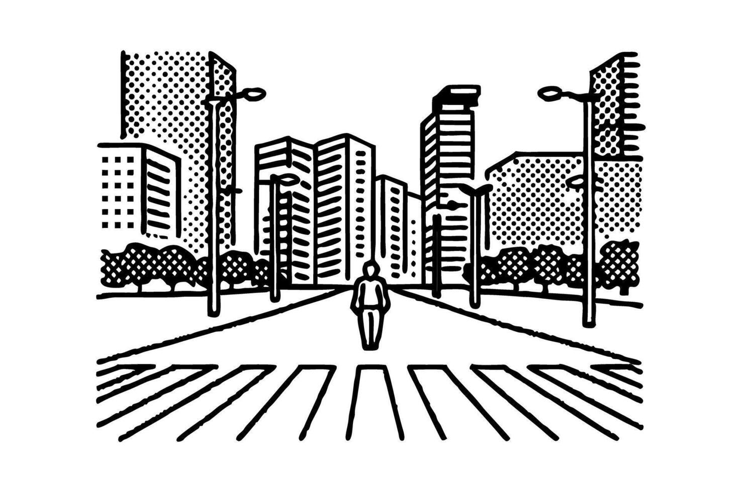 monochrome cityscape with solitary figure walking urban architecture, street, buildings, trees vector