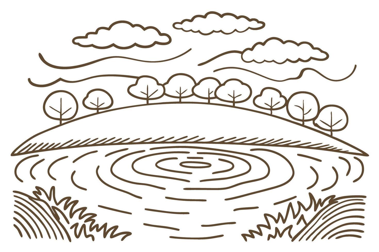 Scenic landscape illustration showing serene lake and hills with trees, clouds, nature vector