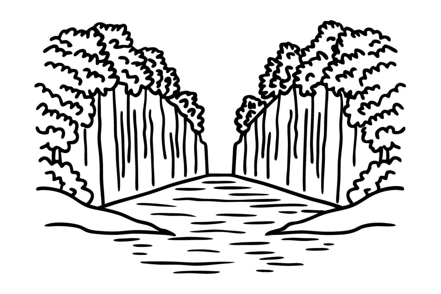 Nature inspired forest landscape illustration with scenic river and lush trees, tranquil scenery art vector