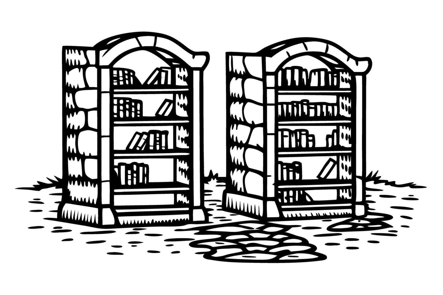 Ancient stone bookshelves vintage library books, historic architecture, brick shelves illustration vector