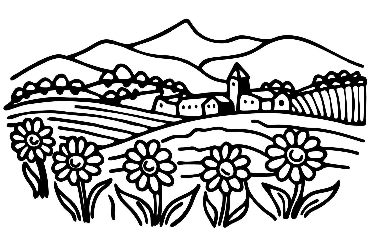 Rural landscape with sunflowers and hillside village, simple line art illustration vector