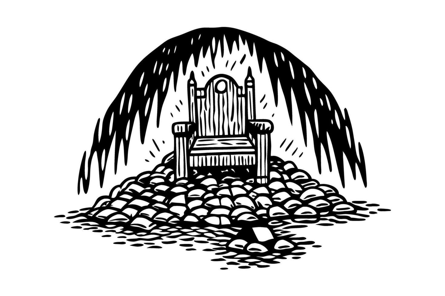 Wooden throne on stone mound under shaded canopy symbol of authority and solitude vector