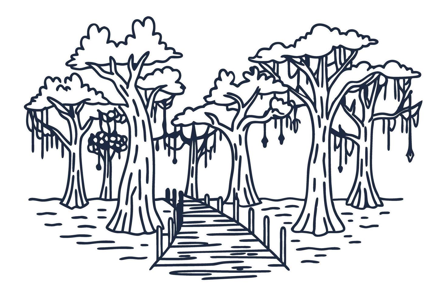 Illustration of dense mangrove forest with wooden pathway and hanging vines vector