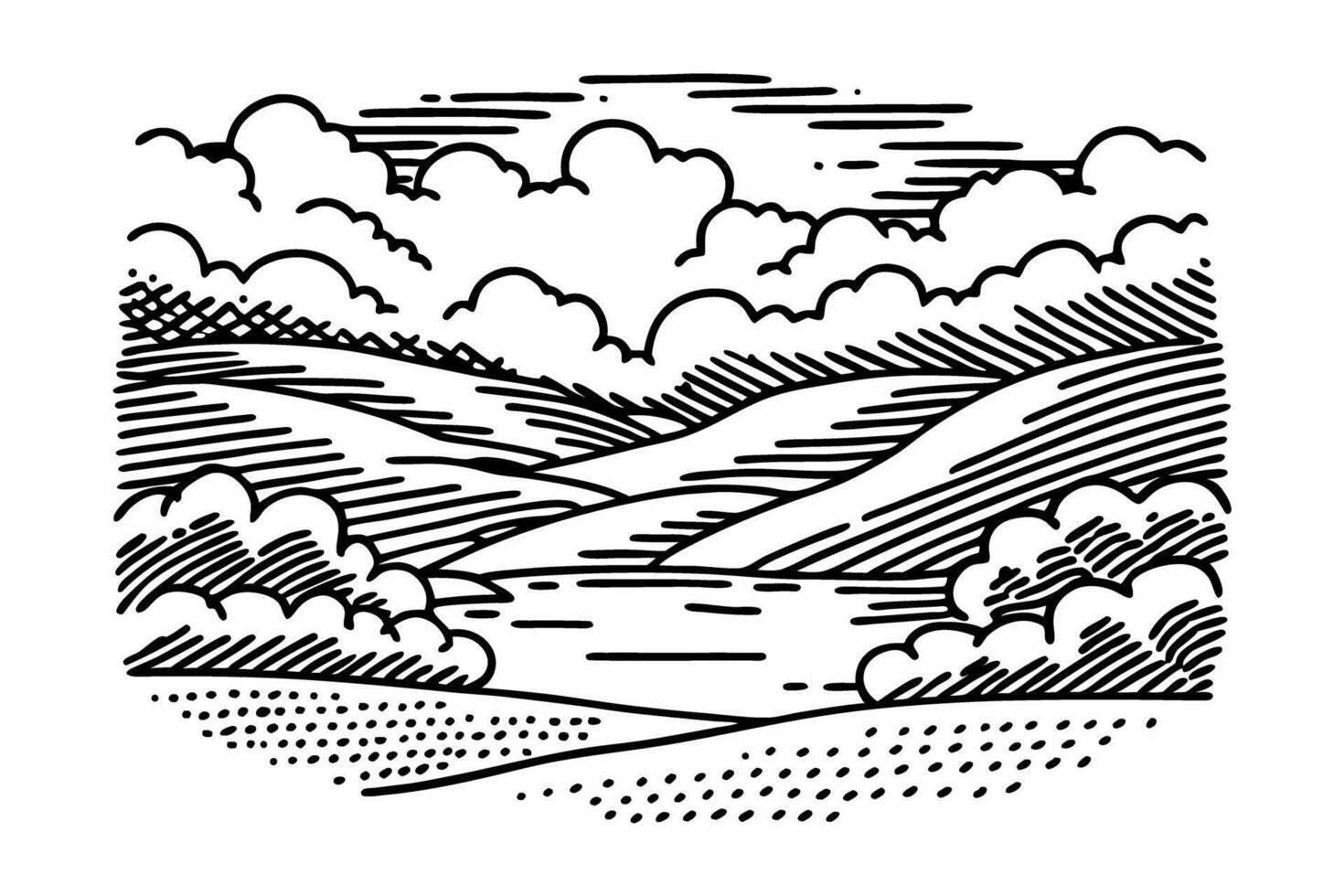 Hand drawn landscape illustration with hills, clouds, and fields in black and white vector